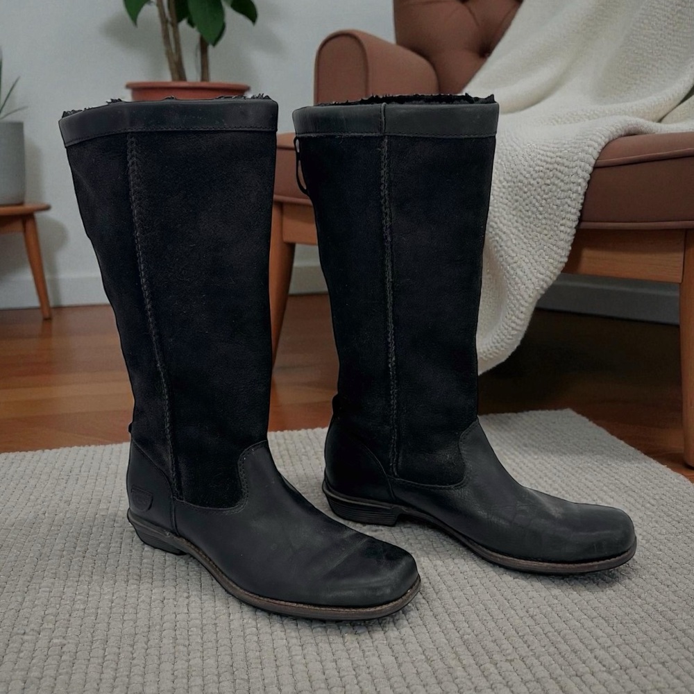 UGG Brookfield Sherpa Lined Tall Boots Black Leather Suede Women's Size 7